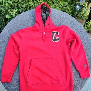 Champion Red Crewneck Hoodie with Plaid Lined Hood & C Patch